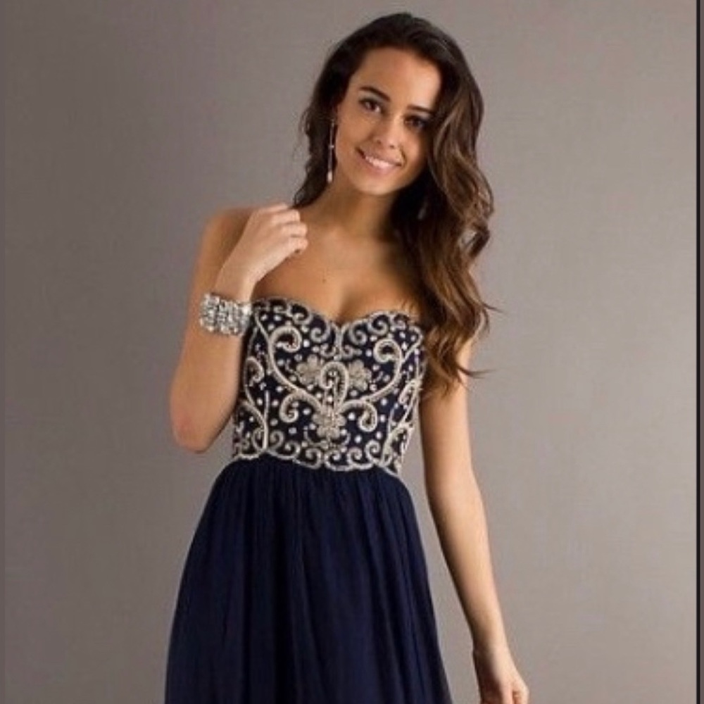 Navy beaded prom dress